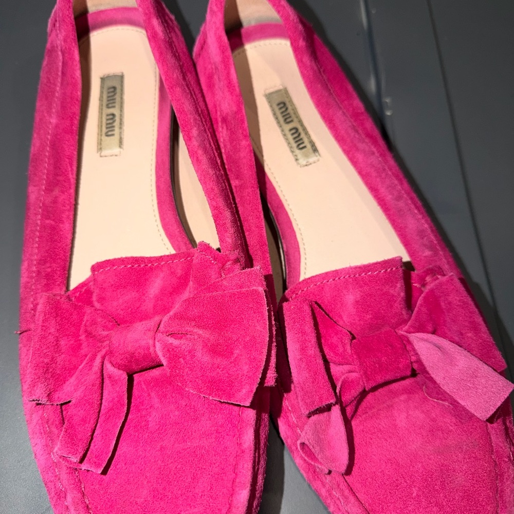 Miu Miu Hot Pink Suede Bow Loafers authentic